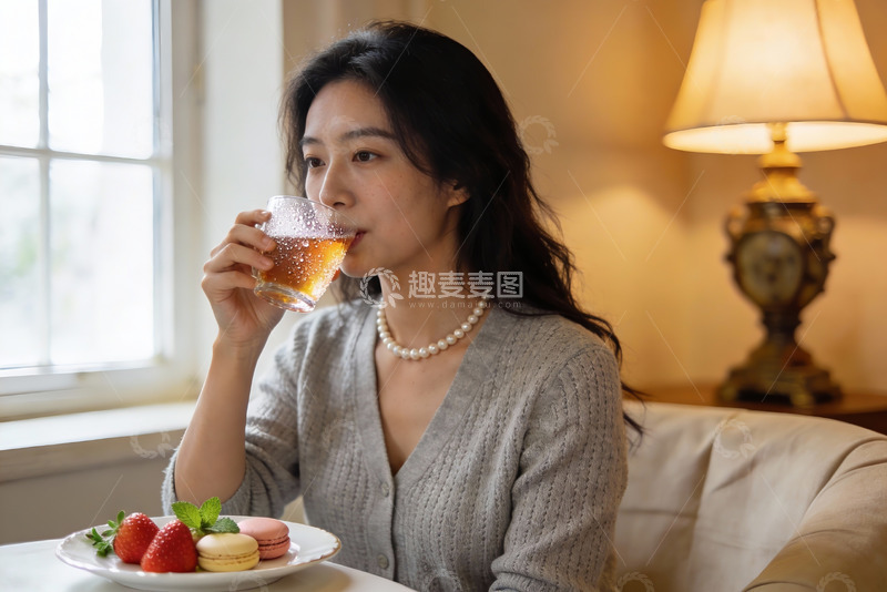 高清大图下载【趣麦麦图】女子室内饮茶吃甜点