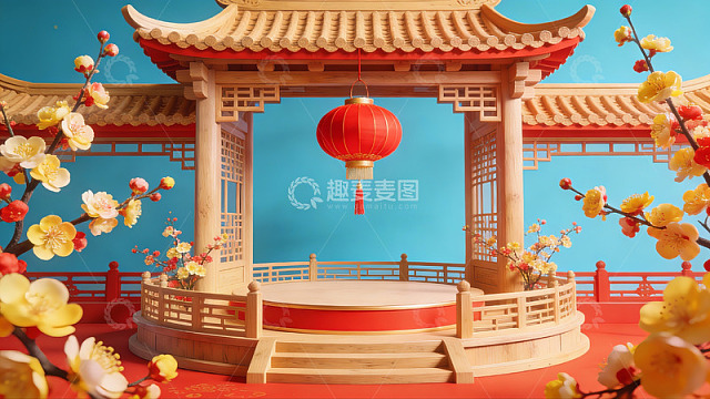 中式亭台与红灯笼
