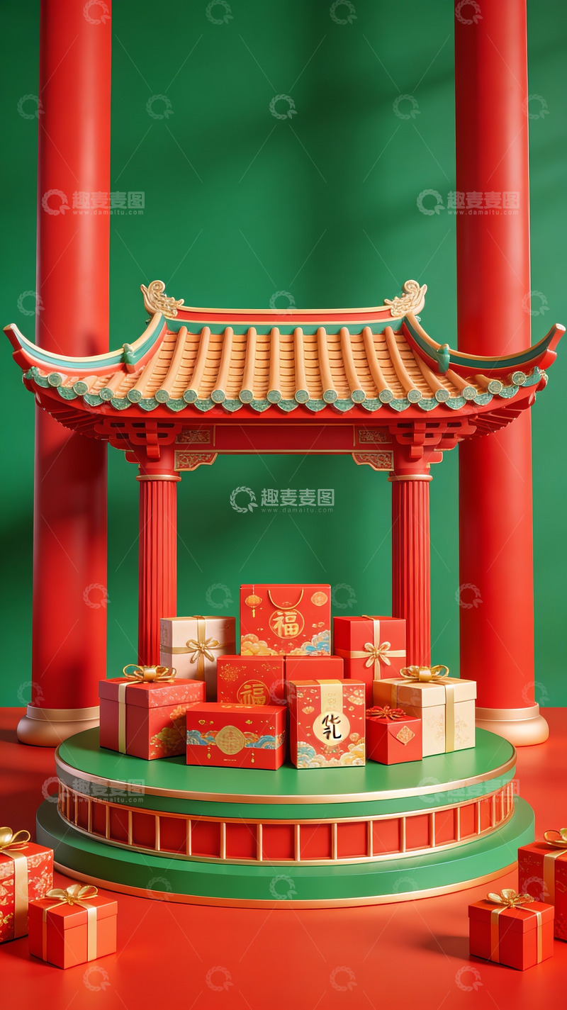 高清大图下载【趣麦麦图】中式亭台与节日礼盒陈列