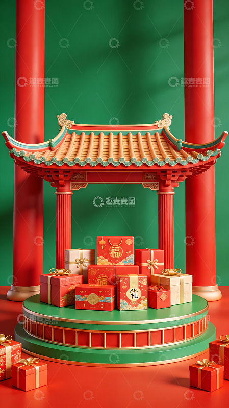 中式亭台与节日礼盒陈列