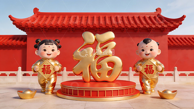 春节福字与童子雕像