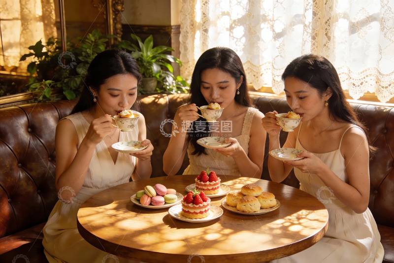 高清大图下载【趣麦麦图】三位女士咖啡厅享用甜点