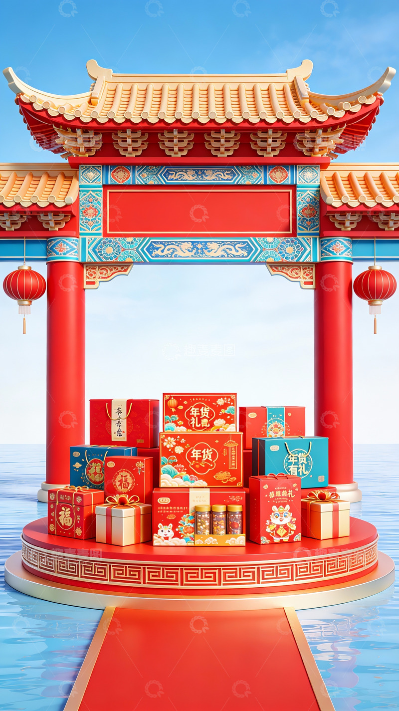 高清大图下载【趣麦麦图】中式建筑前的节日礼盒展示