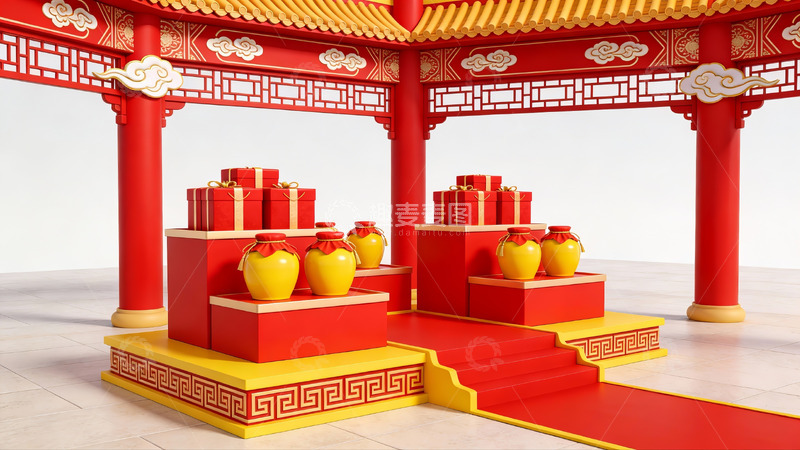高清大图下载【趣麦麦图】中式传统建筑内的红色礼盒陈列