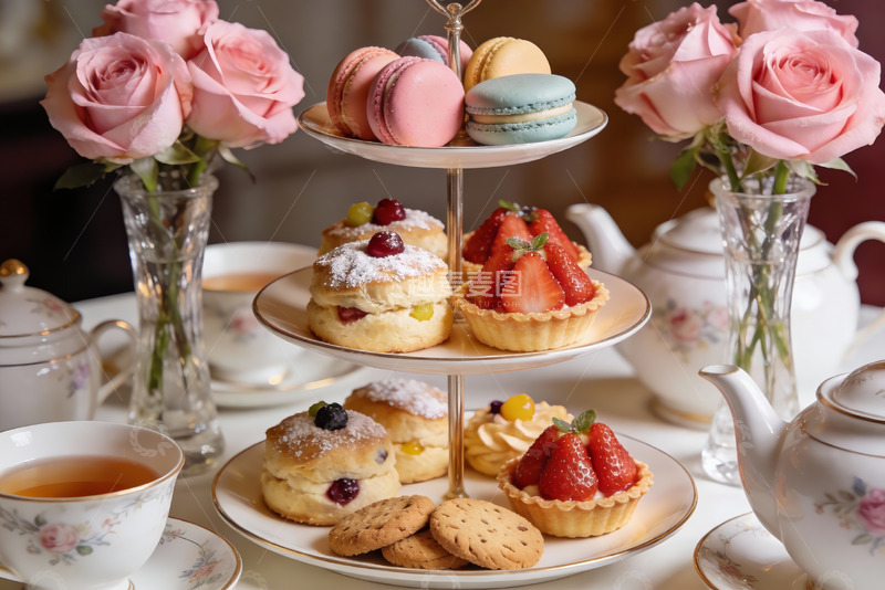 高清大图下载【趣麦麦图】精致下午茶甜点与鲜花摆盘