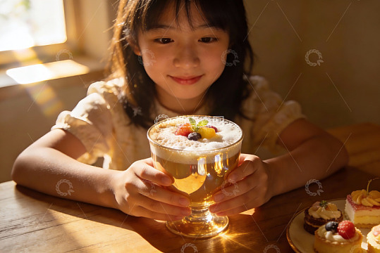 小女孩手捧饮品甜点