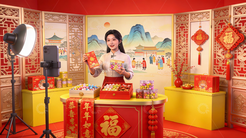 高清大图下载【趣麦麦图】春节主题直播带货场景