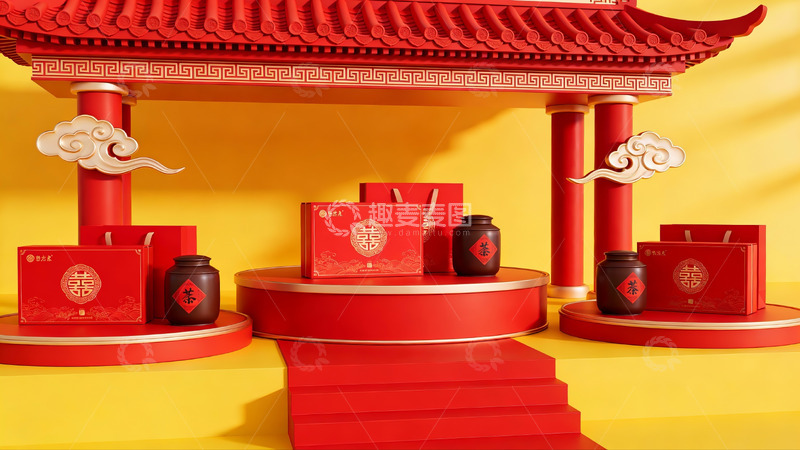 高清大图下载【趣麦麦图】红色中式礼盒陈列展示