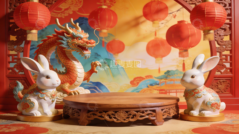 高清大图下载【趣麦麦图】龙兔共舞迎新春场景