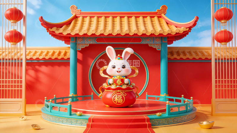 高清大图下载【趣麦麦图】兔年春节传统建筑场景