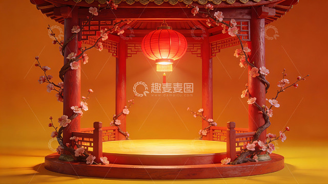 中式亭台红灯梅花景