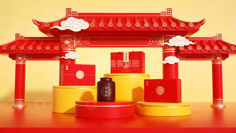 高清大图下载【趣麦麦图】红色传统建筑风格礼盒展示