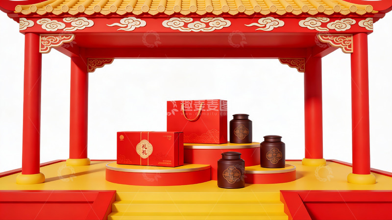 高清大图下载【趣麦麦图】中式亭台陈列礼盒与陶罐