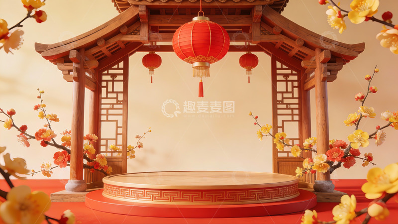 高清大图下载【趣麦麦图】中式亭台与红灯笼装饰场景