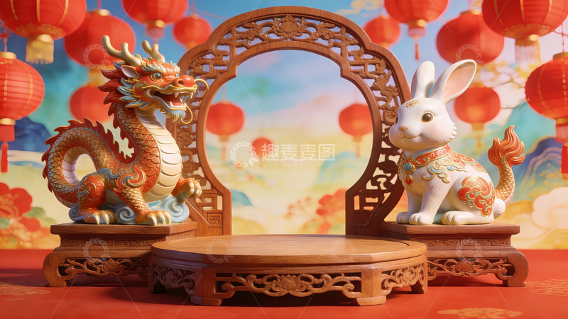 高清大图下载【趣麦麦图】龙兔雕像与红灯笼装饰场景