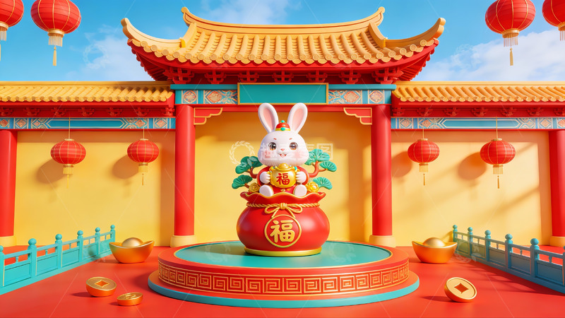 高清大图下载【趣麦麦图】兔年春节喜庆场景