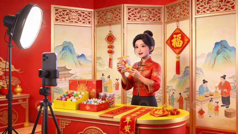 高清大图下载【趣麦麦图】女子在传统节日场景中直播展示年货