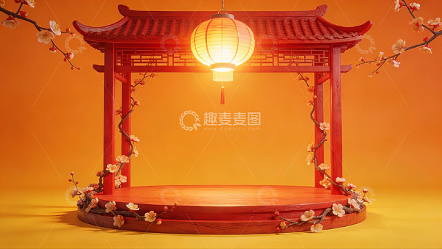 中式亭台与灯笼装饰场景