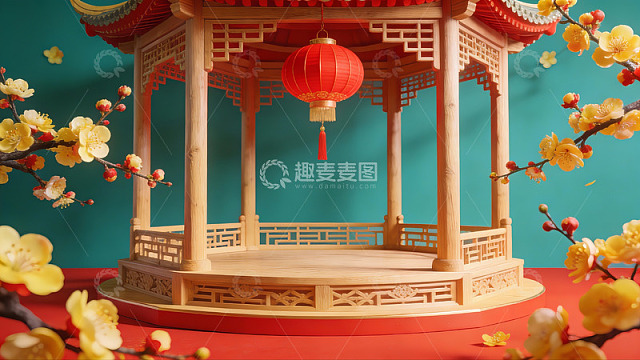 中式亭台与梅花灯饰