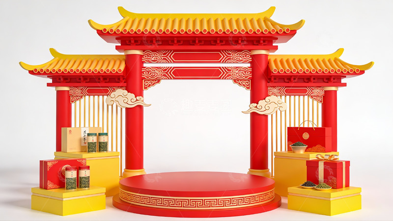 高清大图下载【趣麦麦图】中式传统牌坊与礼盒展示