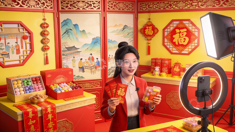 高清大图下载【趣麦麦图】春节主题直播带货场景