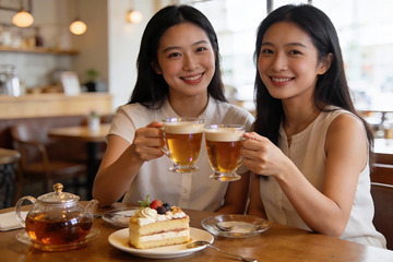 两位女士在咖啡馆举杯庆祝