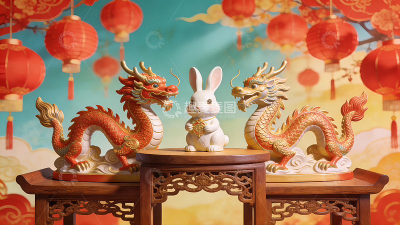 高清大图下载【趣麦麦图】龙兔摆件与红灯笼节日场景