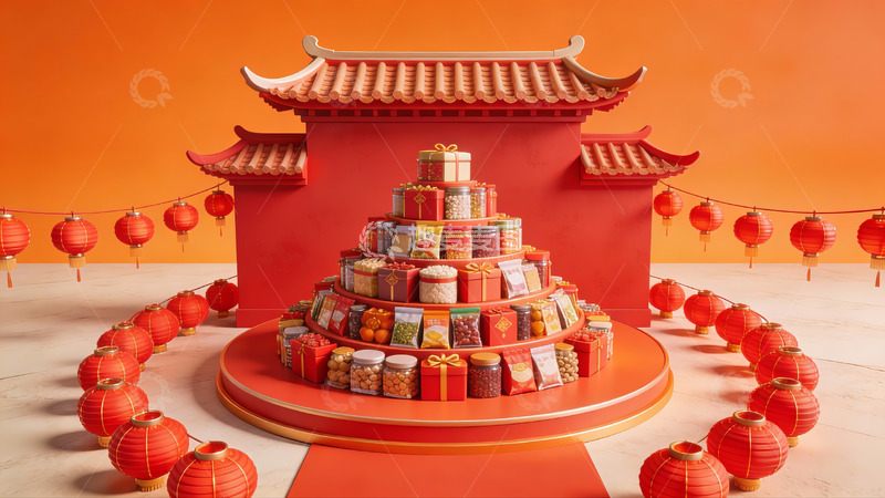 高清大图下载【趣麦麦图】中式建筑前的礼物塔与灯笼