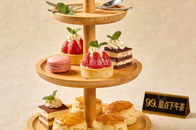 高清大图下载【趣麦麦图】三层木质架甜点下午茶