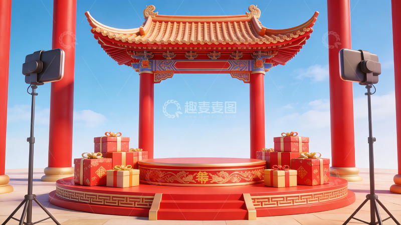 高清大图下载【趣麦麦图】中式亭台与礼品展示场景