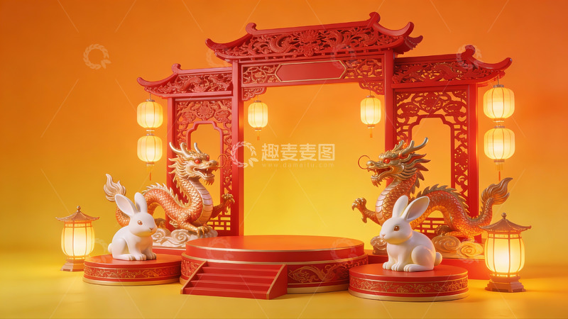 高清大图下载【趣麦麦图】中式龙兔雕塑与灯笼装饰场景