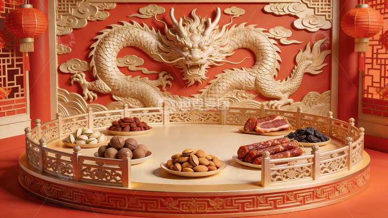 高清大图下载【趣麦麦图】中式龙纹背景下的传统美食展示