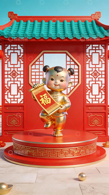 金童持福字立于传统建筑前