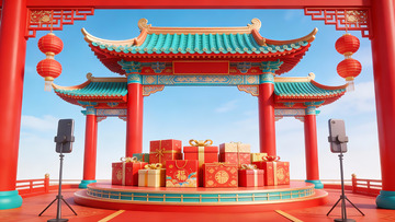 传统建筑前的节日礼物堆