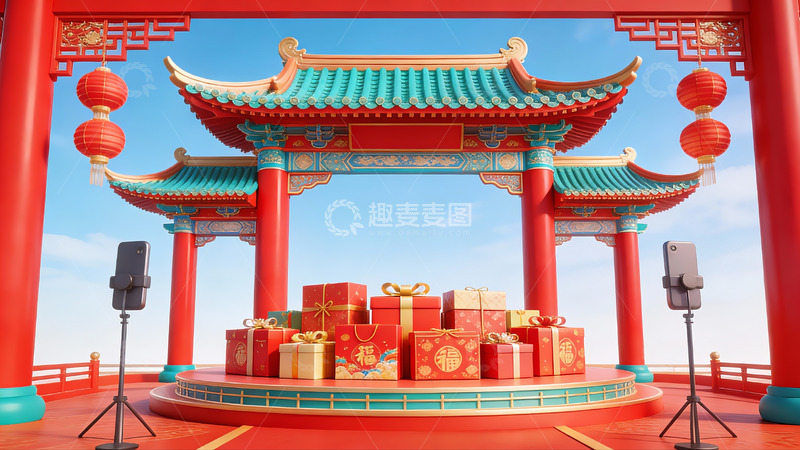 高清大图下载【趣麦麦图】传统建筑前的节日礼物堆