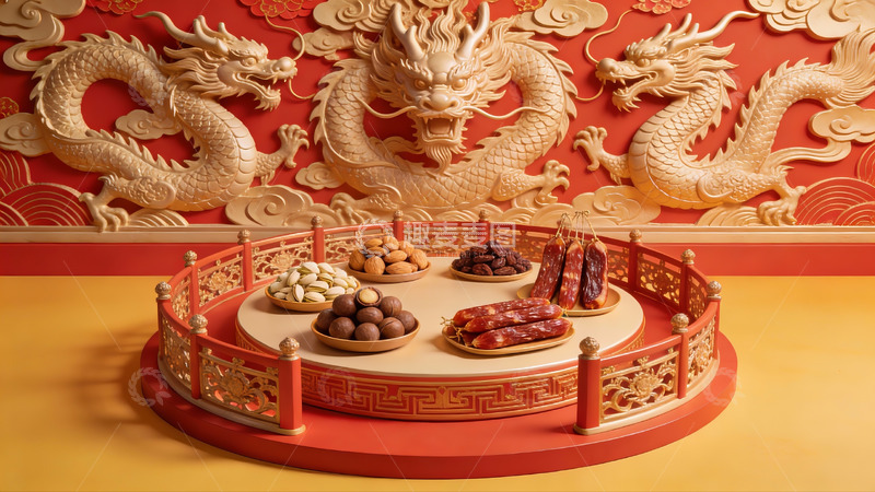 高清大图下载【趣麦麦图】中式龙纹背景下的传统美食陈列