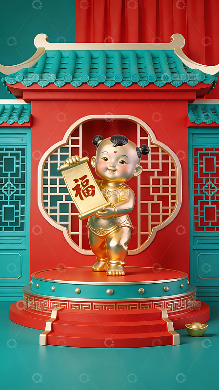金色童子持福字立于传统建筑前