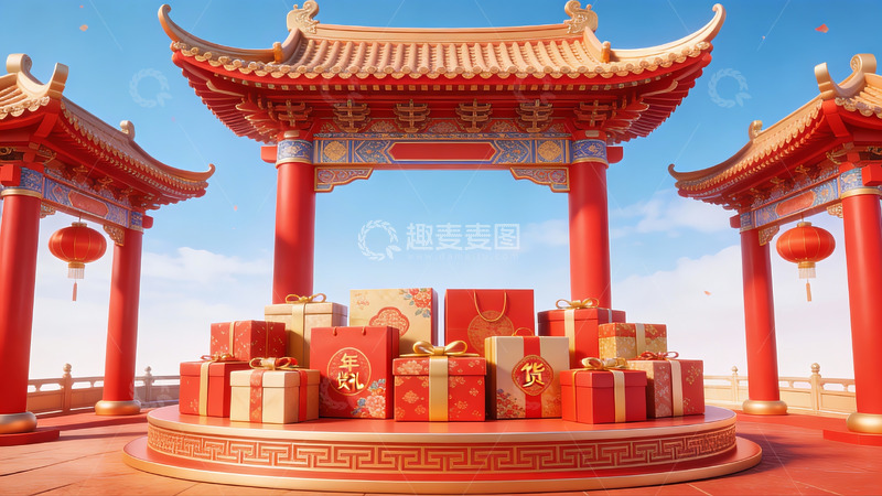 高清大图下载【趣麦麦图】传统建筑前的节日礼盒堆叠
