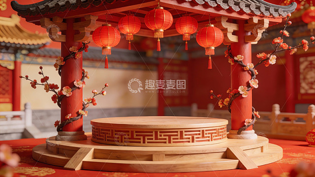 中式亭台红灯笼装饰场景