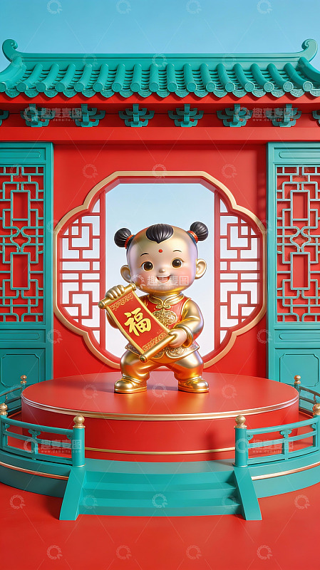 金色童子持福字立于传统建筑前