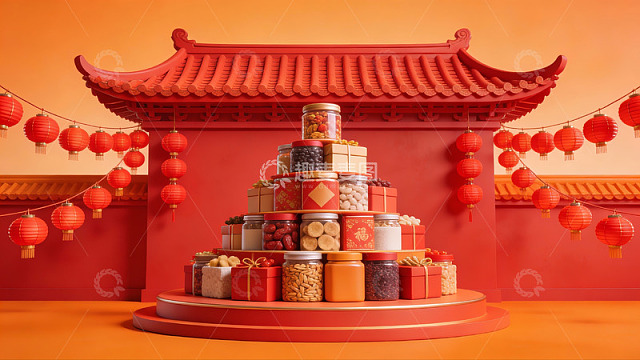 中式节日礼盒堆叠展示