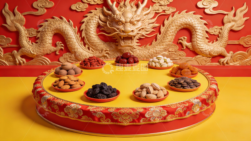高清大图下载【趣麦麦图】中式龙纹背景下的果盘摆设