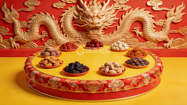 中式龙纹背景下的果盘摆设