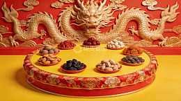 中式龙纹背景下的果盘摆设