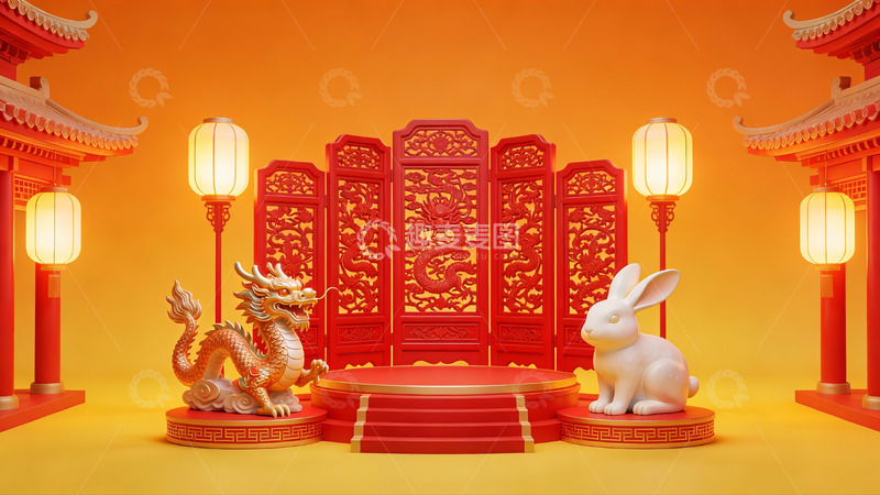 高清大图下载【趣麦麦图】龙兔共舞中式传统场景