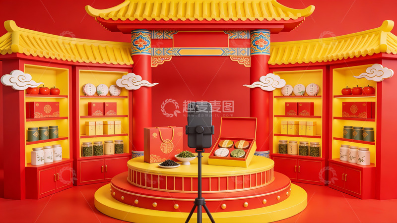 高清大图下载【趣麦麦图】中式风格直播间场景布置
