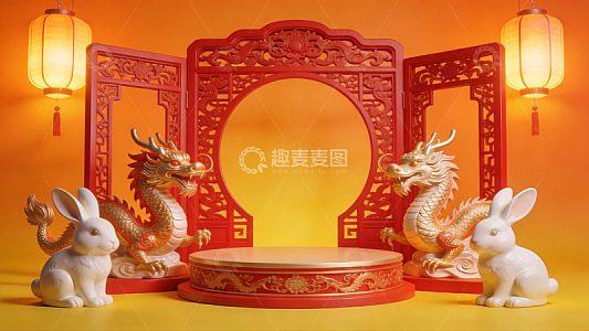 中式龙兔摆件与红木屏风