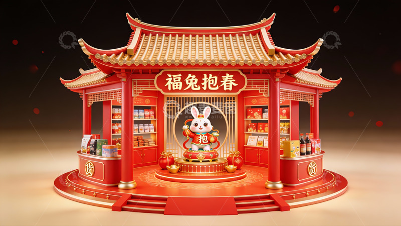 高清大图下载【趣麦麦图】兔年春节主题中式亭台