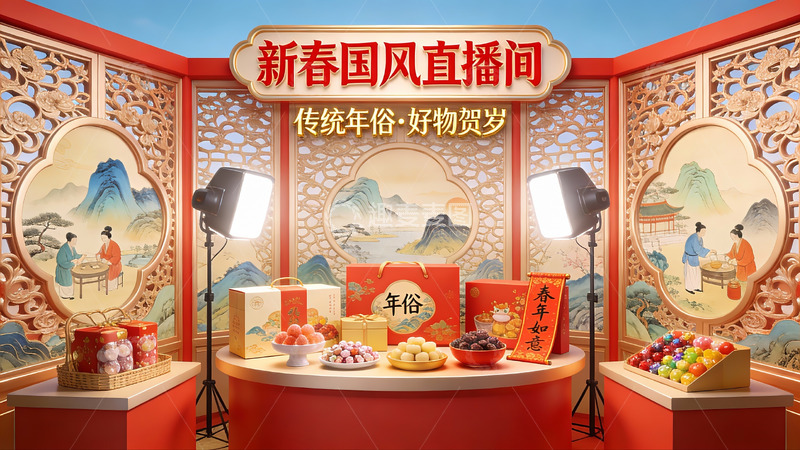 高清大图下载【趣麦麦图】新春年俗直播间布置