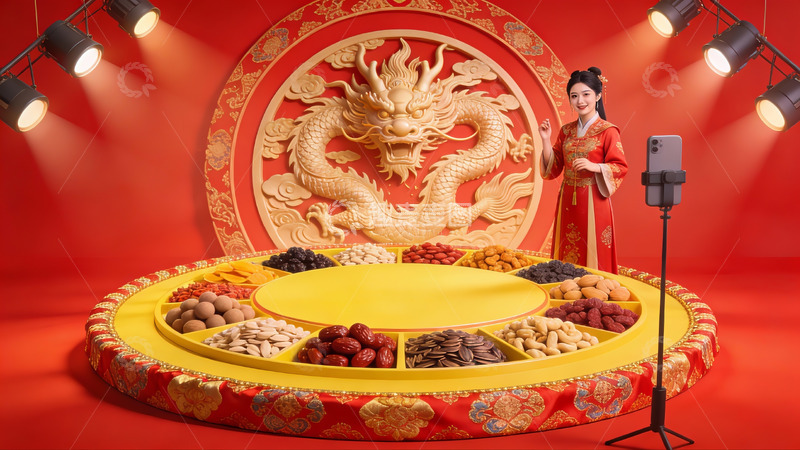 高清大图下载【趣麦麦图】女子展示传统年货大拼盘